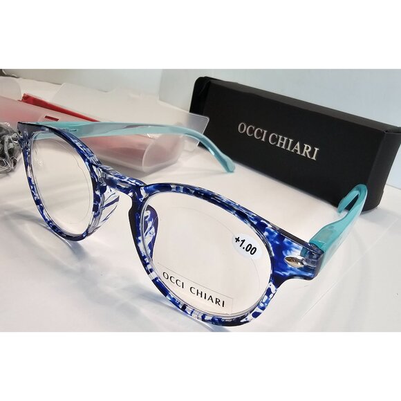 Occi Chiari Blue Reading Glasses +1.00 Power Unisex Round Design Marble Style - Picture 3 of 8